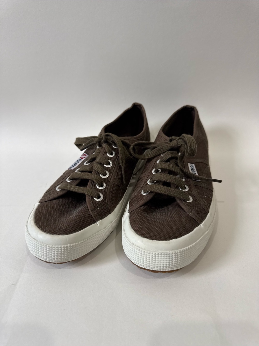 Superga Brown Canvas Lace-Up Sneakers White Sole New